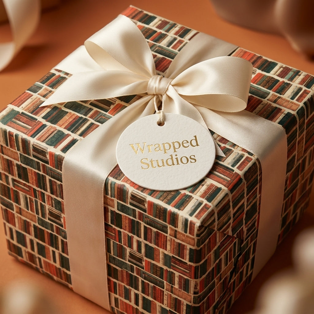 Vintage book wrapping paper with a library bookshelf pattern, cream ribbon, and Wrapped Studios tag.