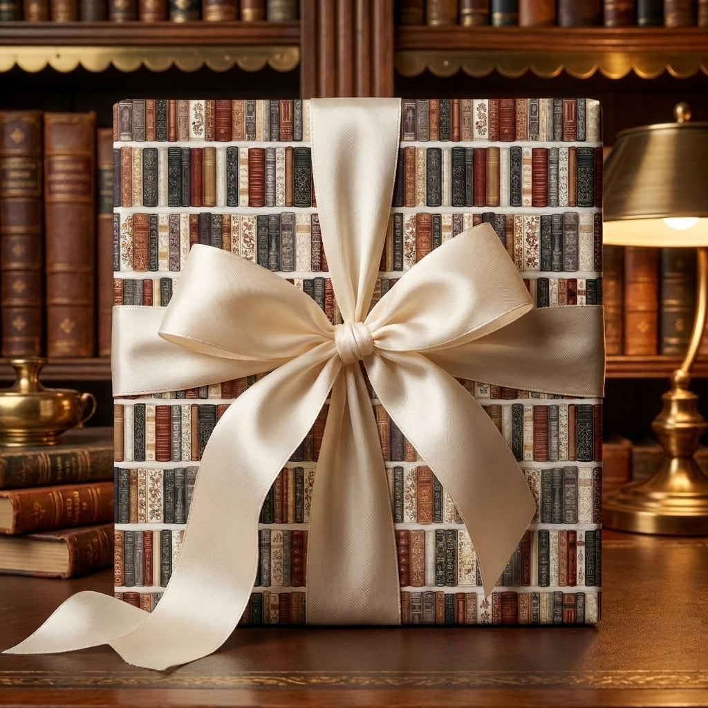 Vintage book wrapping paper by Wrapped Studios with a cream satin bow in a cozy library.