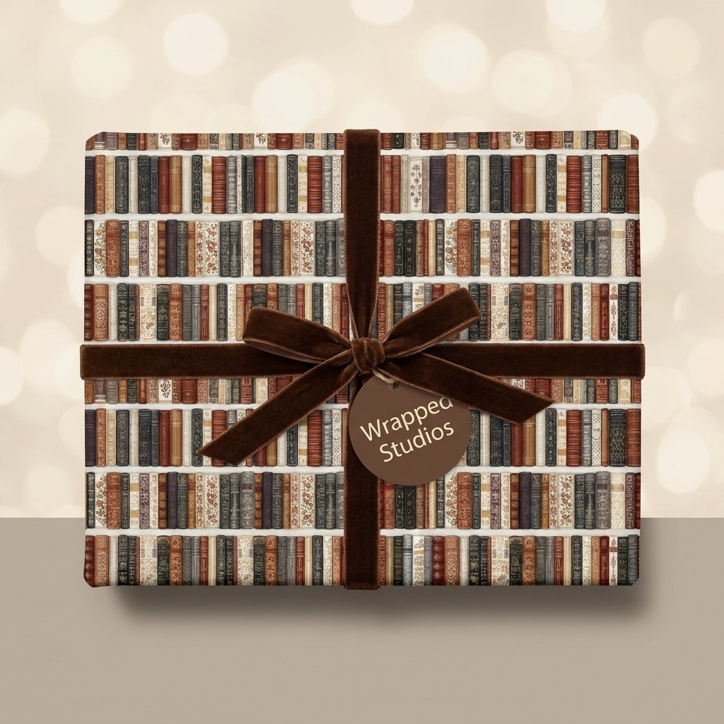 Vintage bookshelf wrapping paper on a gift box with a brown velvet ribbon, by Wrapped Studios.