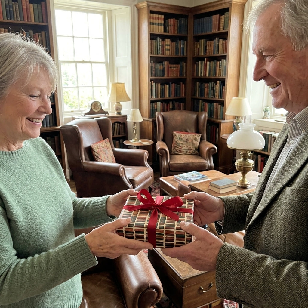 Older couple exchanging a gift in vintage plaid wrapping paper with a red ribbon by Wrapped Studios.