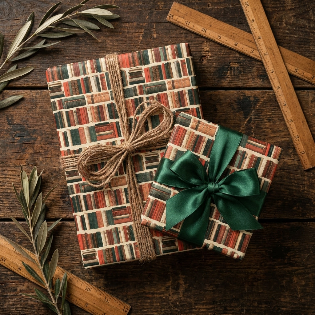 Vintage book wrapping paper with green satin bow and rustic twine by Wrapped Studios.