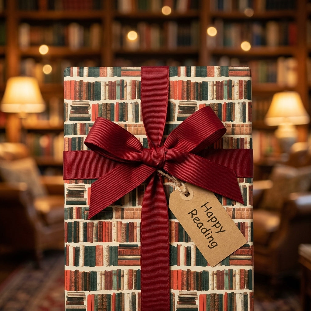 Vintage book wrapping paper with a burgundy bow and Happy Reading tag by Wrapped Studios.