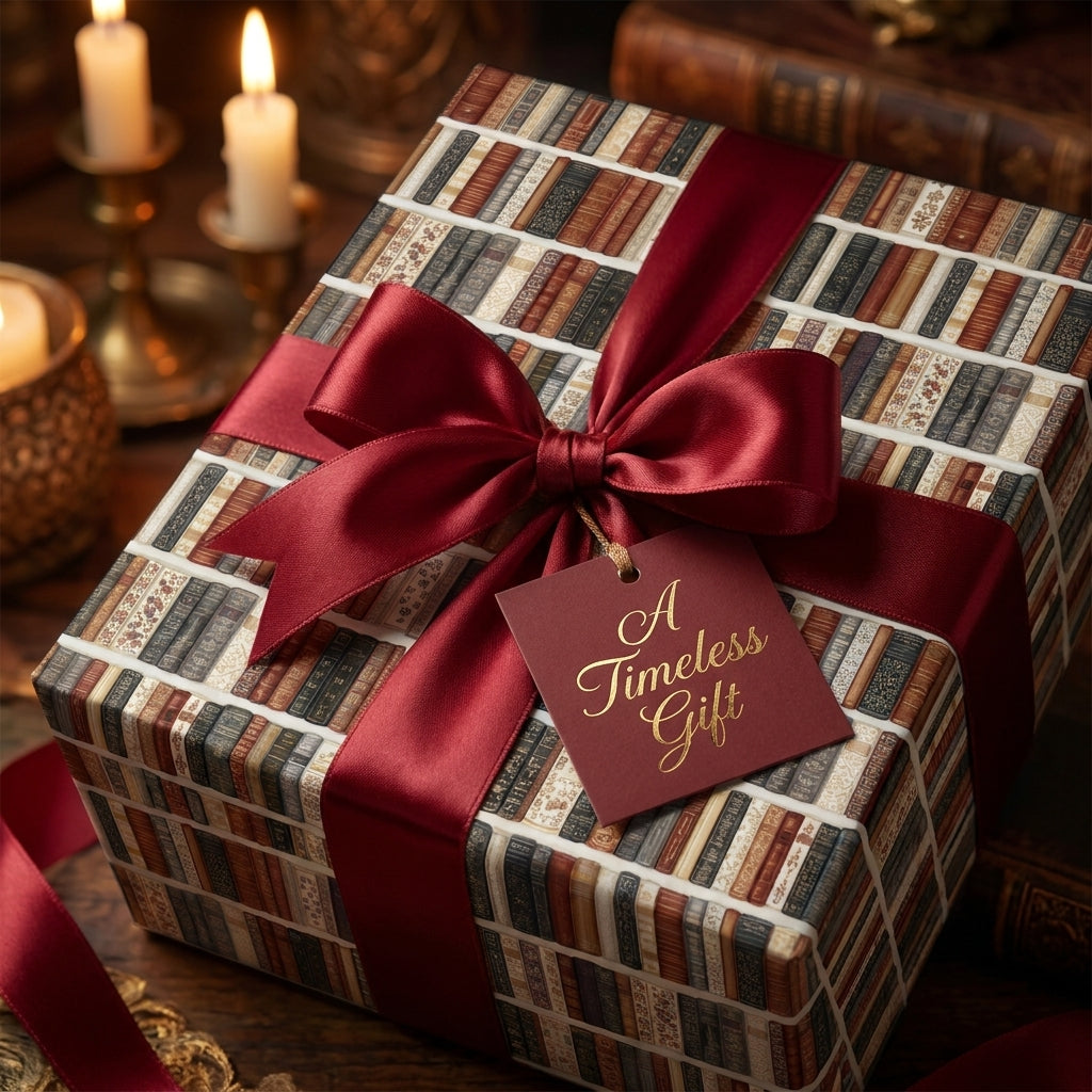 Vintage book wrapping paper with a luxury red ribbon and gift tag by Wrapped Studios.
