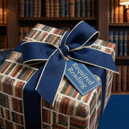 Vintage book wrapping paper with navy ribbon and 'Required Reading' tag by Wrapped Studios.
