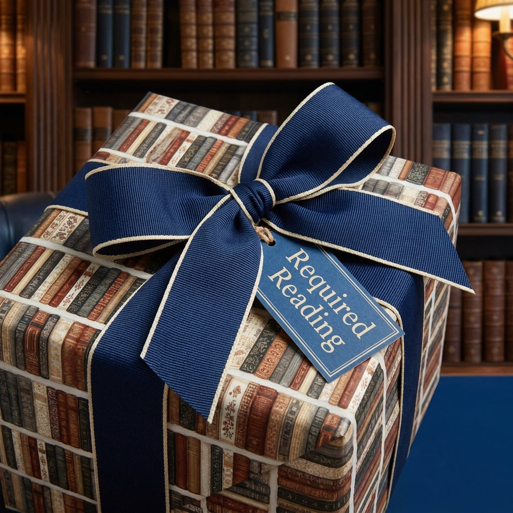 Vintage book wrapping paper with navy ribbon and 'Required Reading' tag by Wrapped Studios.