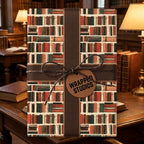 Vintage book wrapping paper by Wrapped Studios on a gift box with a brown ribbon in a cozy library.