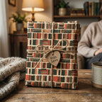 Vintage bookshelf wrapping paper by Wrapped Studios on a cozy gift with rustic twine and a heart tag.