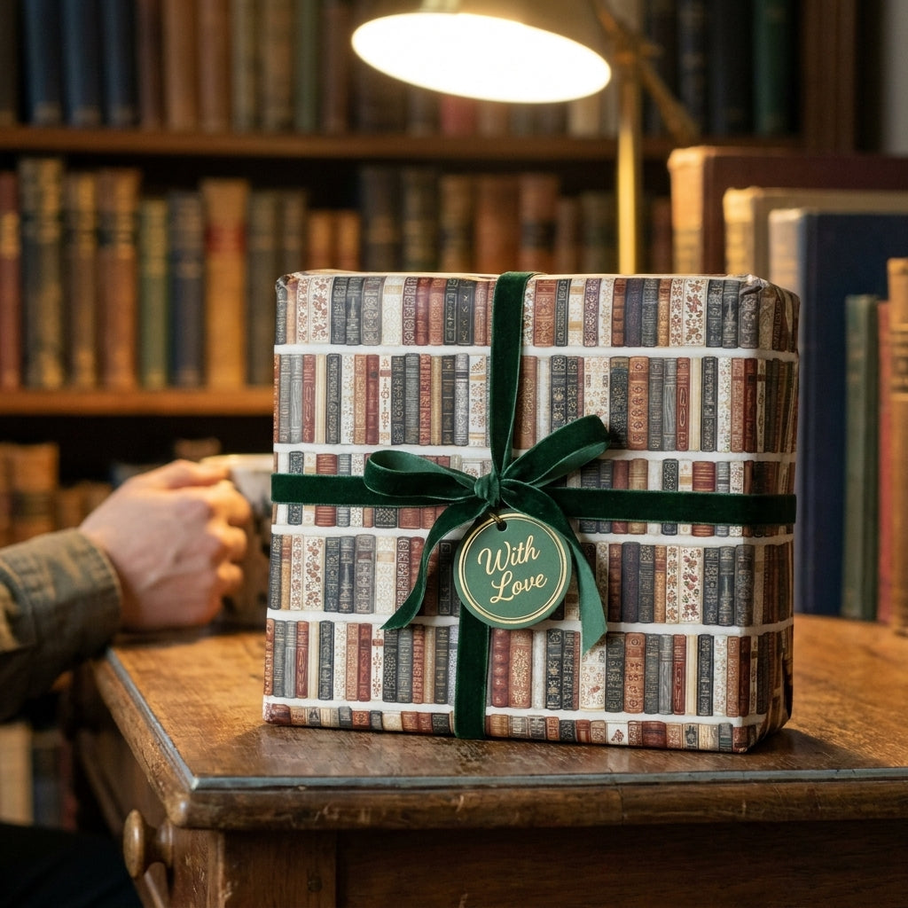 Vintage library book wrapping paper with green velvet ribbon on a cozy desk, by Wrapped Studios.