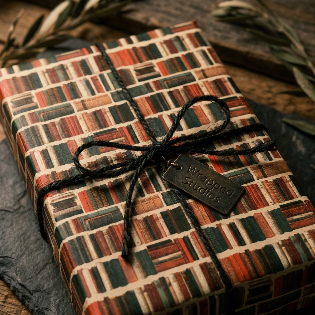 Vintage library book wrapping paper by Wrapped Studios on a gift box tied with rustic black twine.