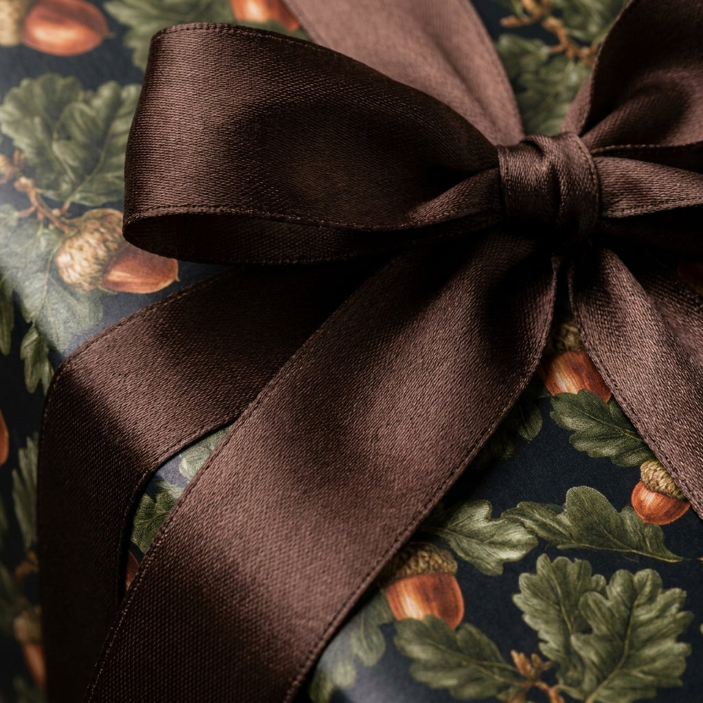 Woodland acorn wrapping paper tied with a brown satin ribbon, luxury autumn gift wrap by Wrapped Studios.