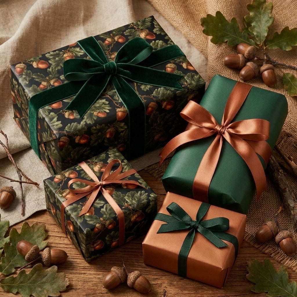 Forest green woodland wrapping paper with acorn patterns and velvet ribbons by Wrapped Studios.