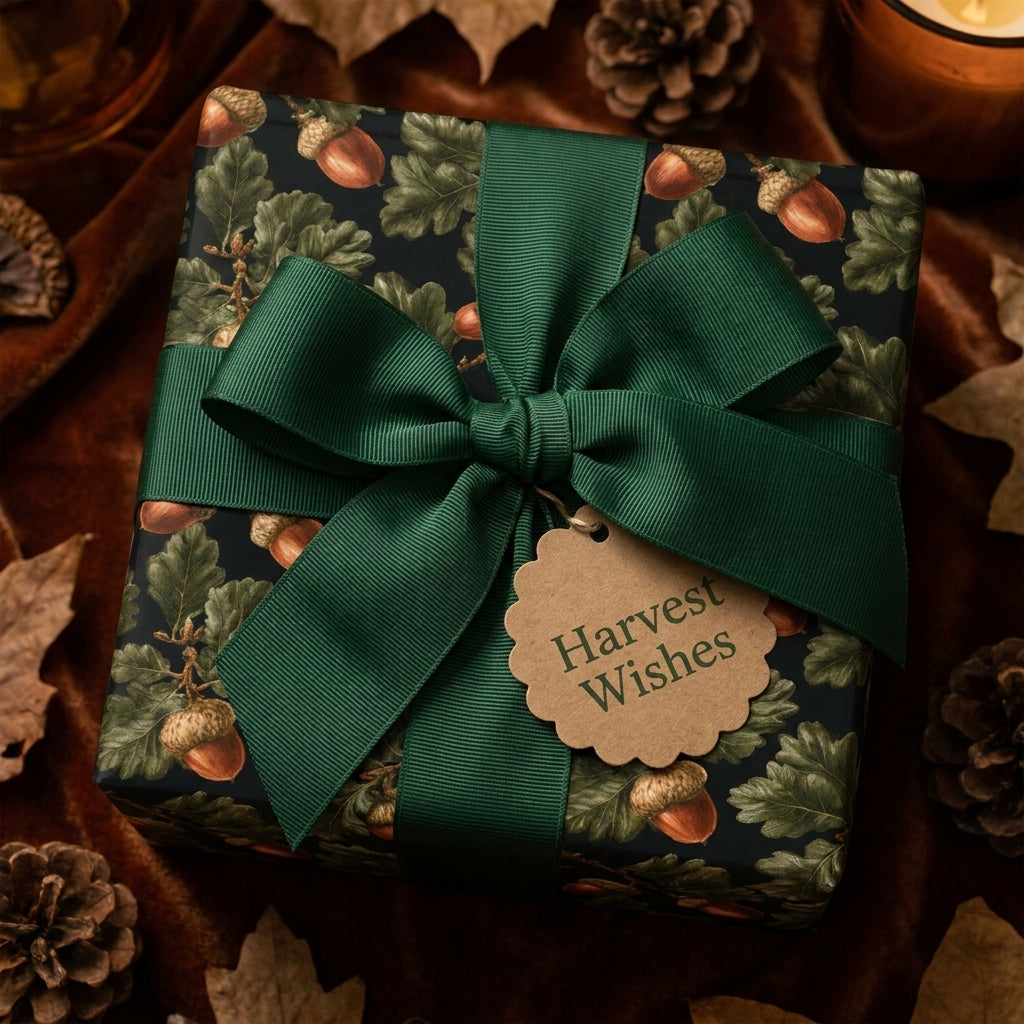 Autumn acorn wrapping paper with a forest green ribbon and Harvest Wishes tag, by Wrapped Studios.