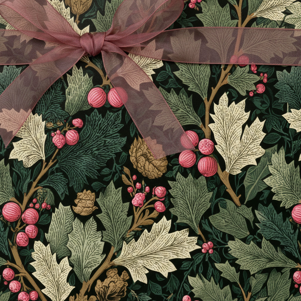 Elegant floral wrapping paper with a sheer mauve ribbon, perfect for Christmas or birthday gifts.