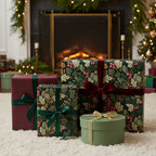 Elegant Christmas gifts wrapped in botanical floral wrapping paper with velvet ribbons by the fireplace.