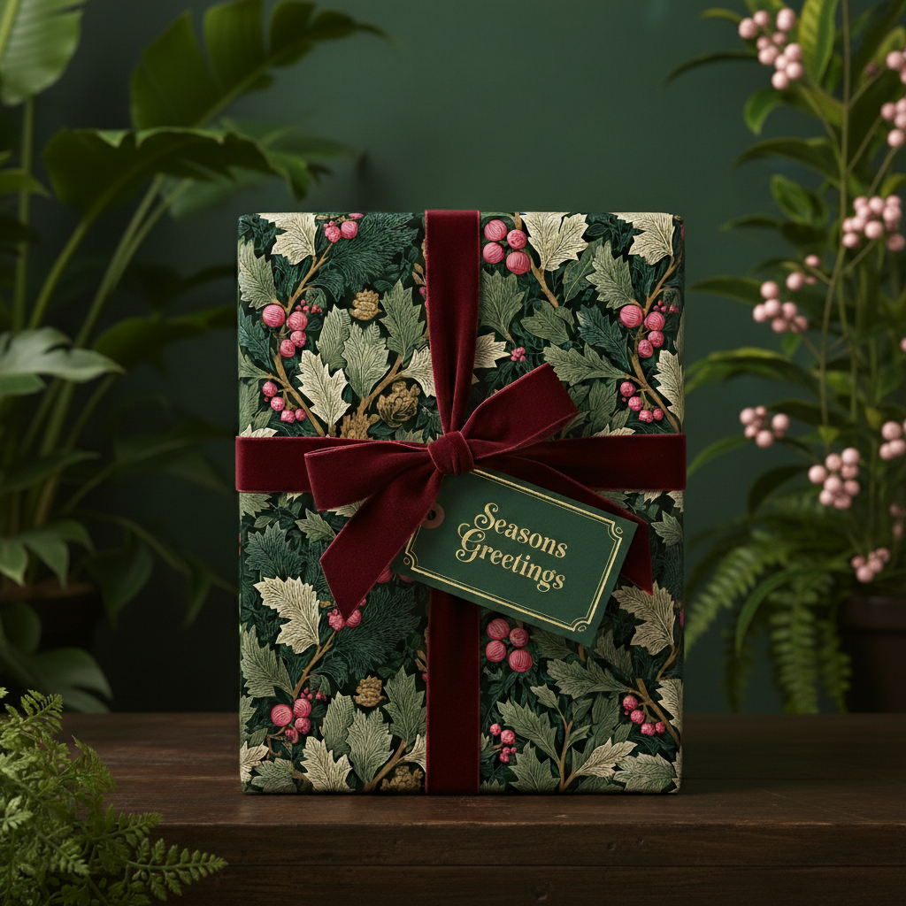 Elegant Christmas gift wrapped in green botanical wrapping paper with a velvet ribbon and "Seasons Greetings" tag.