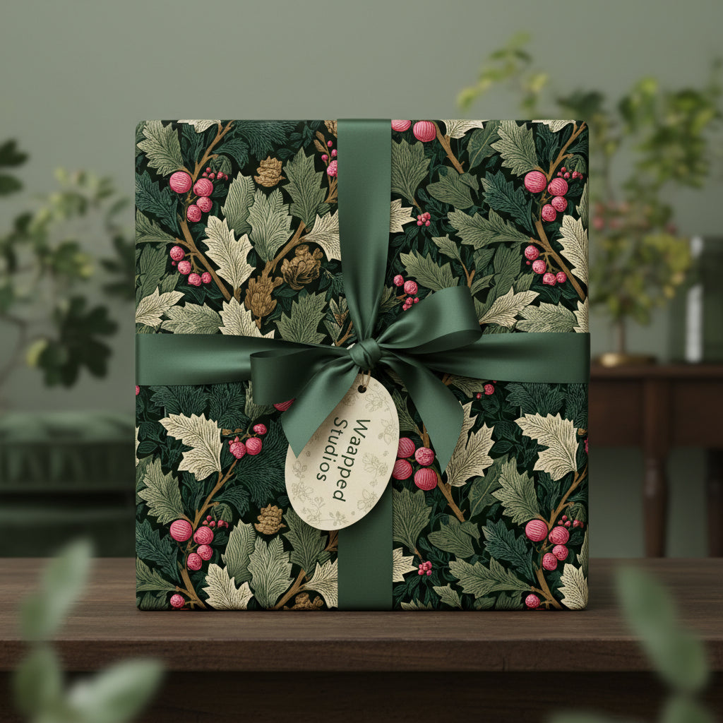 Elegant floral gift wrap with dark green ribbon, ideal for Christmas presents or special occasions.