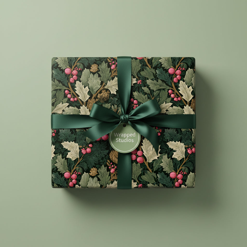 Square gift wrapped in botanical Christmas wrapping paper with dark green ribbon and holly berry design.