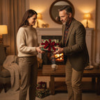 Couple exchanging gifts wrapped in floral Christmas wrapping paper with a velvet ribbon.