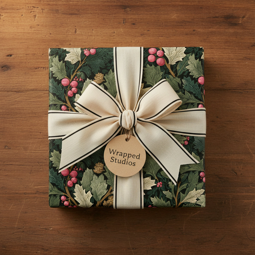 Elegant floral wrapping paper with an ivory ribbon on a square gift box, perfect for Christmas or birthdays.