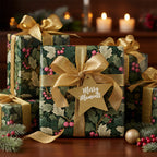 Elegant Christmas gift wrap featuring a dark floral holly berry pattern with gold ribbon and a Merry Moments star tag.