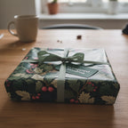 Close-up of a square gift wrapped in dark green floral wrapping paper with a sage green ribbon.