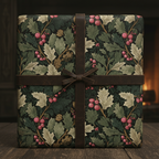 Dark floral Christmas wrapping paper with berries, pinecones and a brown leather ribbon tied in a bow.