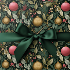 Elegant dark green Christmas wrapping paper with a festive botanical and ornament pattern, tied with a luxurious emerald satin bow.