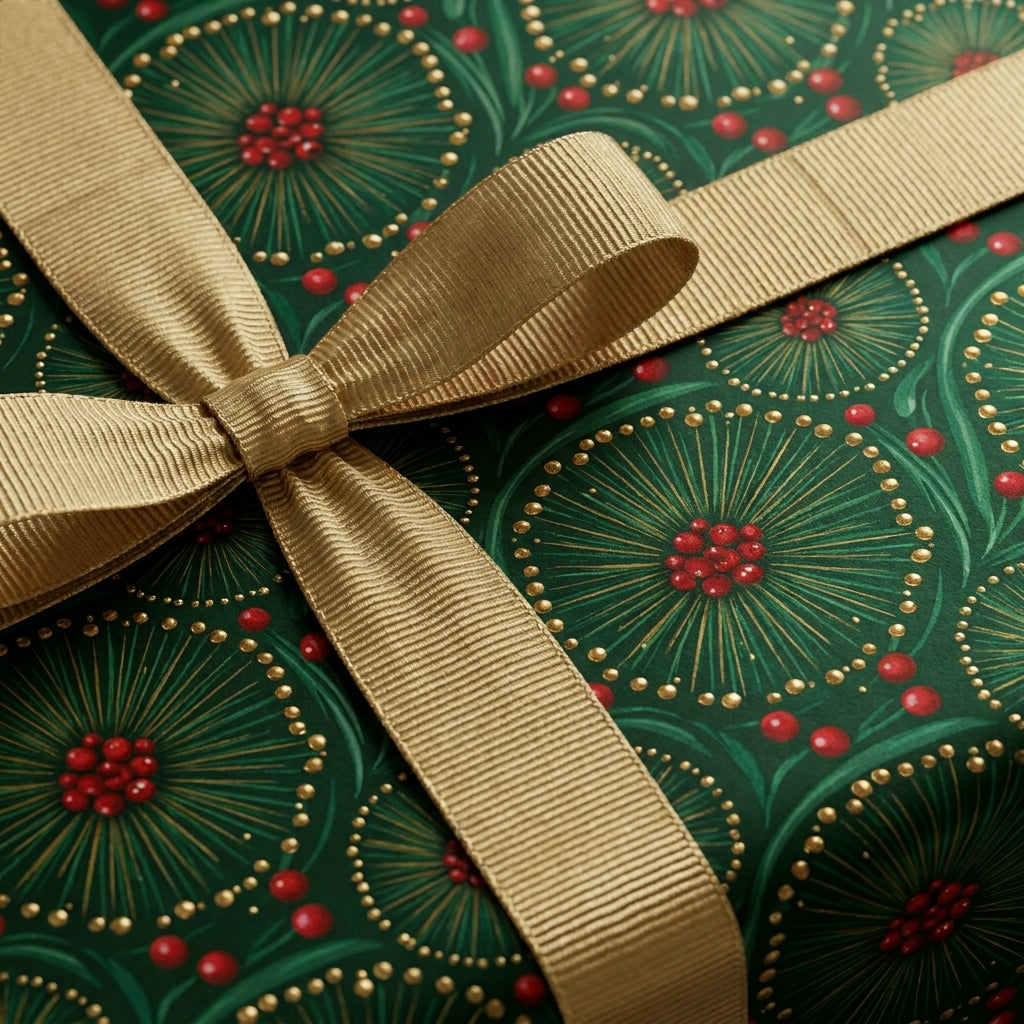 Luxury Christmas wrapping paper in green and gold botanical print with a gold ribbon by Wrapped Studios.