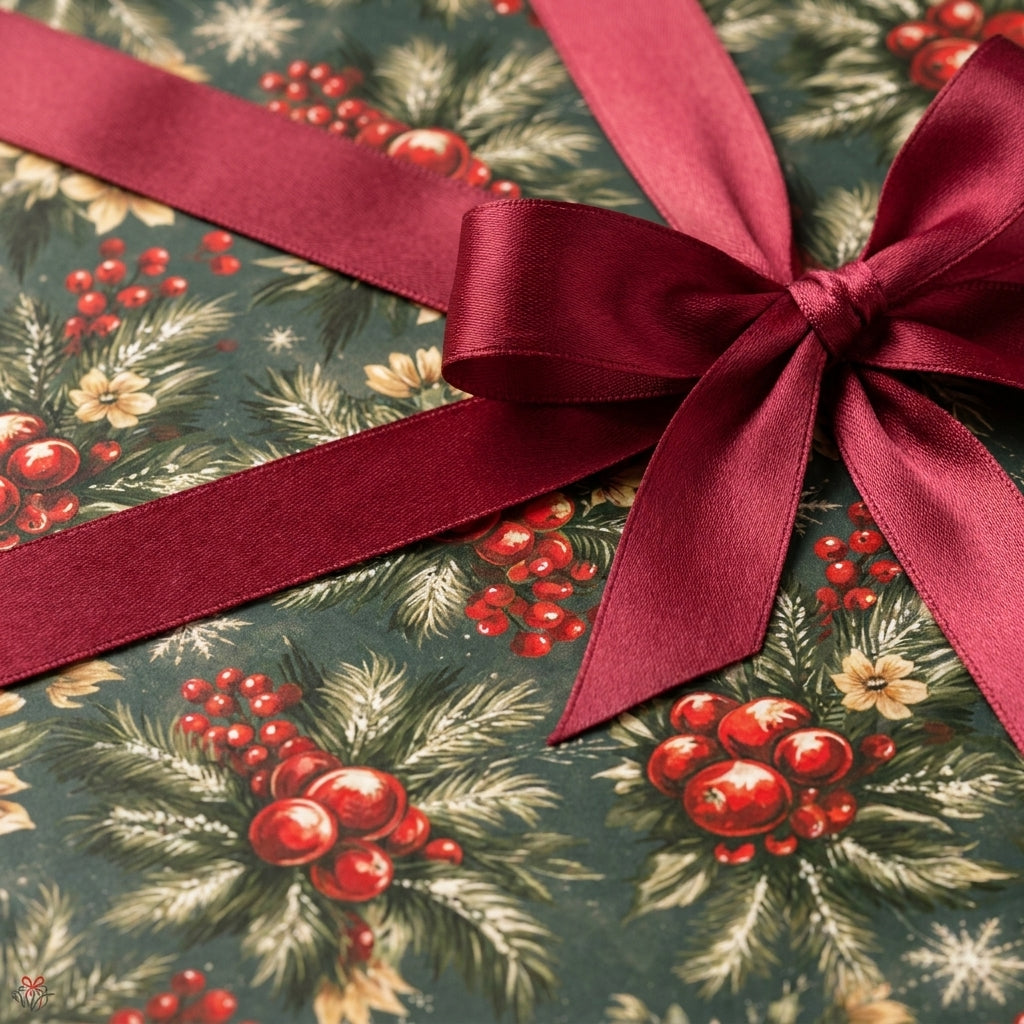 Christmas wrapping paper with pine and berry pattern, tied with a burgundy satin bow by Wrapped Studios.
