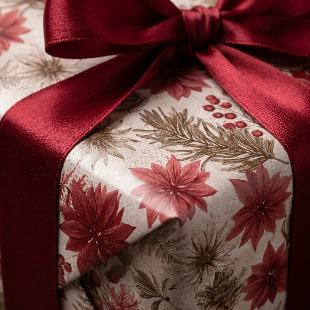 Luxury vintage Christmas wrapping paper with red poinsettias and a burgundy ribbon, by Wrapped Studios.