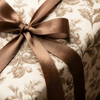 Elegant vintage botanical wrapping paper with brown satin ribbon bow by Wrapped Studios.
