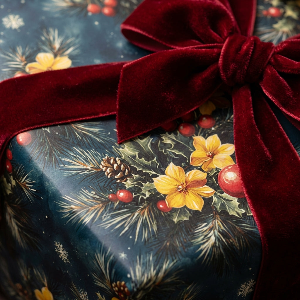 Elegant Christmas gift wrap featuring floral and pinecone design, tied with a red velvet bow.