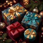 Luxury Christmas gift wrap with floral pattern and velvet ribbons on maroon velvet.