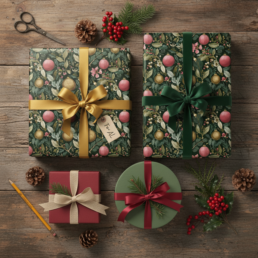 Luxury botanical Christmas wrapping paper with red and gold ornaments, green and gold ribbons, pinecones, and red berries on a rustic wood background.