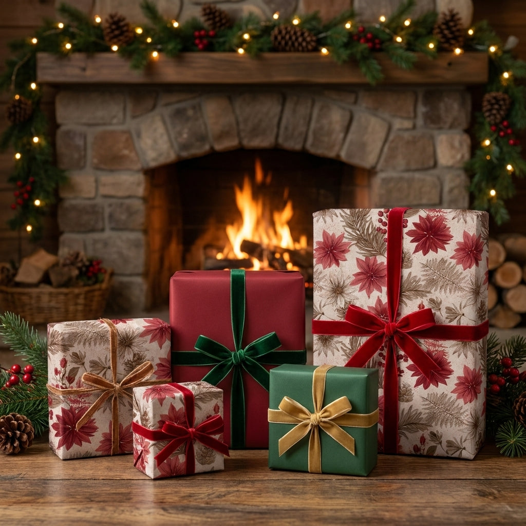 Luxury Christmas gift wrap with floral poinsettia patterns on presents by a cozy fireplace, Wrapped Studios.