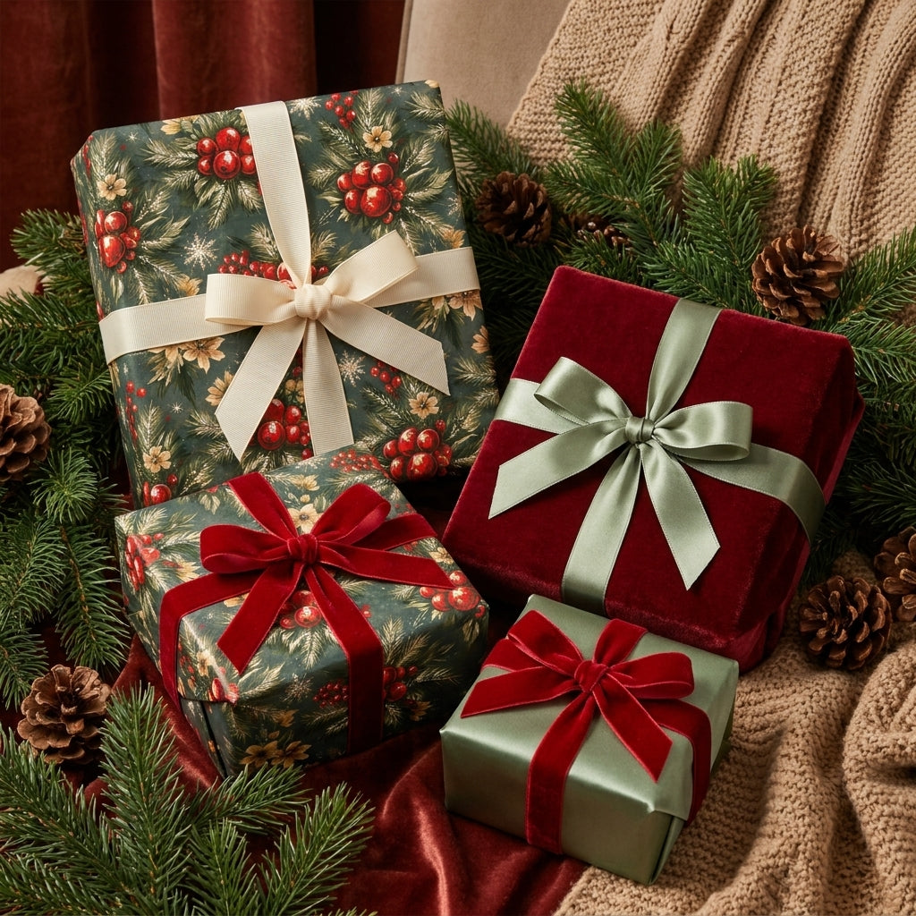 Luxury Christmas gift wrap with elegant botanical prints and velvet ribbons by Wrapped Studios.