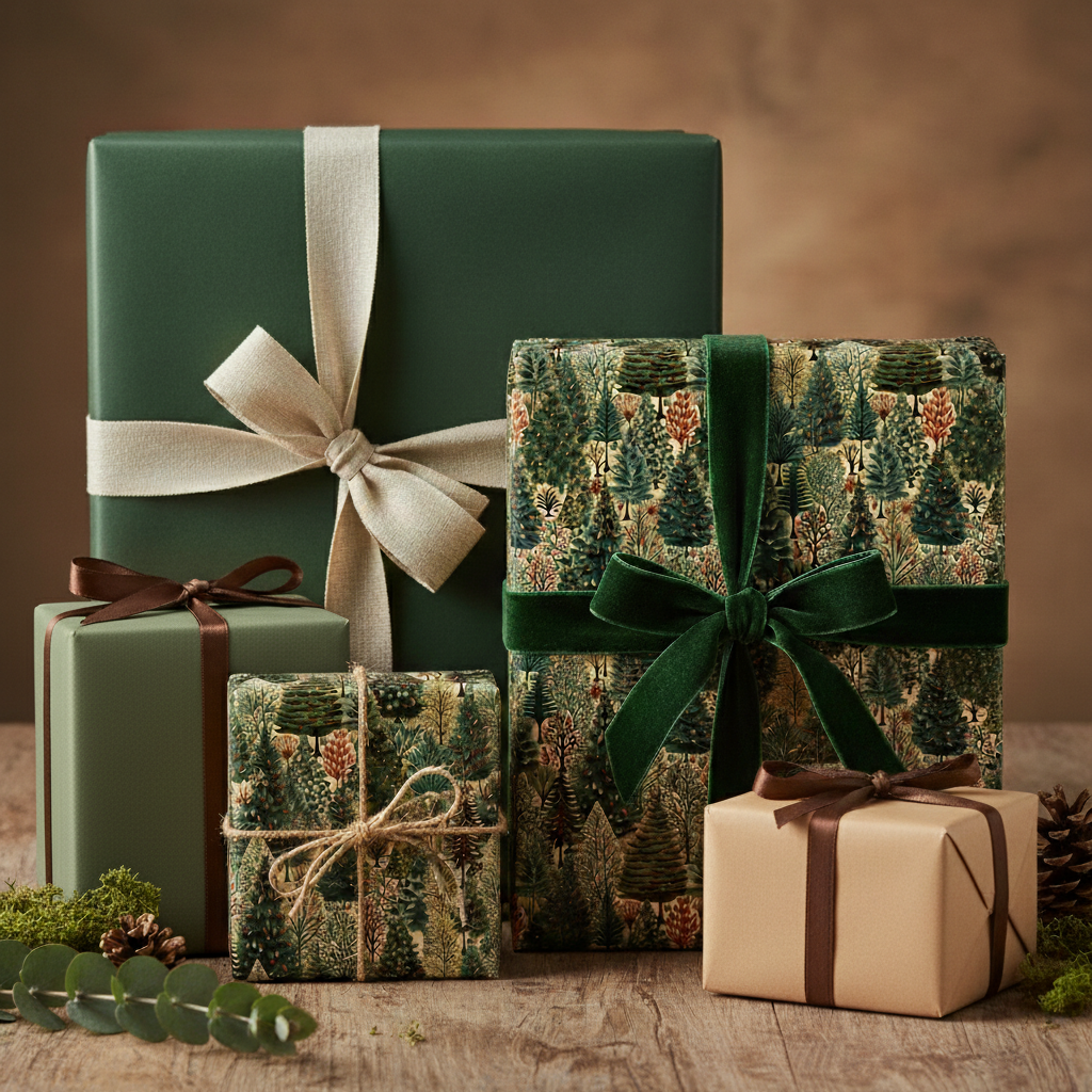 Elegant Christmas gift wrap: green and natural tones, featuring forest-themed patterns and velvet ribbons.