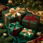Luxury green floral Christmas wrapping paper with elegant gold and red bows by Wrapped Studios.