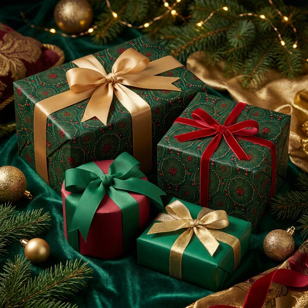Luxury green floral Christmas wrapping paper with elegant gold and red bows by Wrapped Studios.