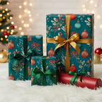 Luxury Christmas gift wrap with a festive teal botanical and ornament pattern, tied with elegant gold and green satin ribbons on a white faux fur rug.