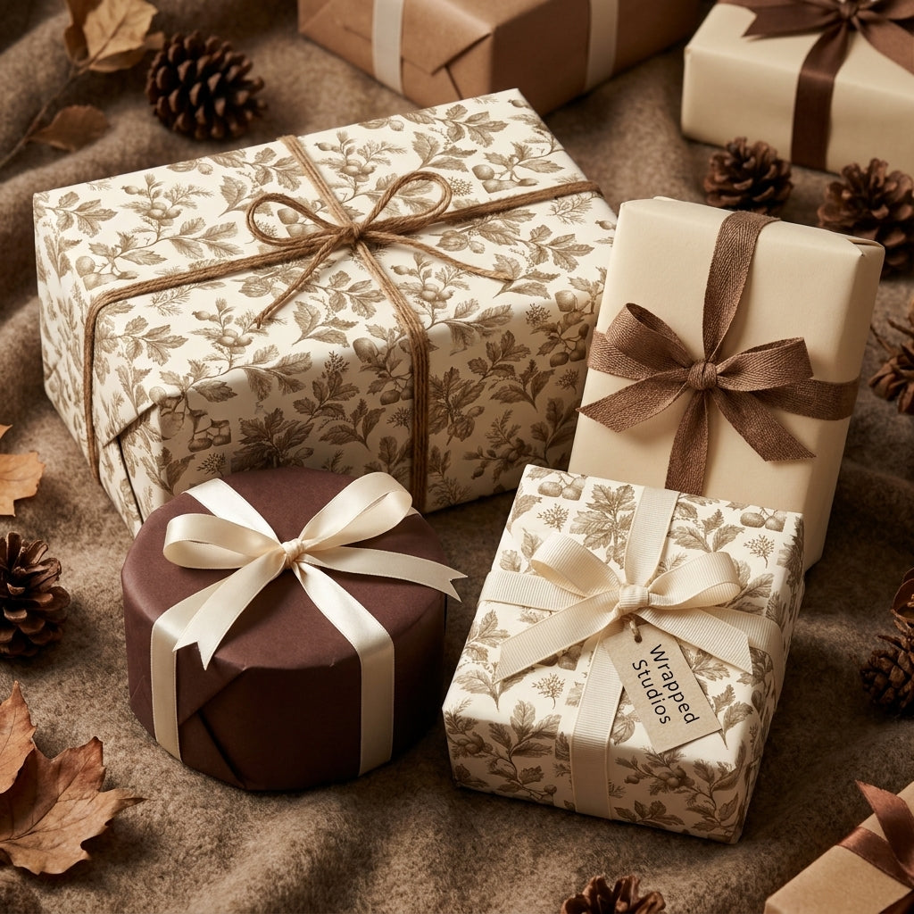Vintage botanical wrapping paper with cream ribbons on rustic gift boxes by Wrapped Studios.