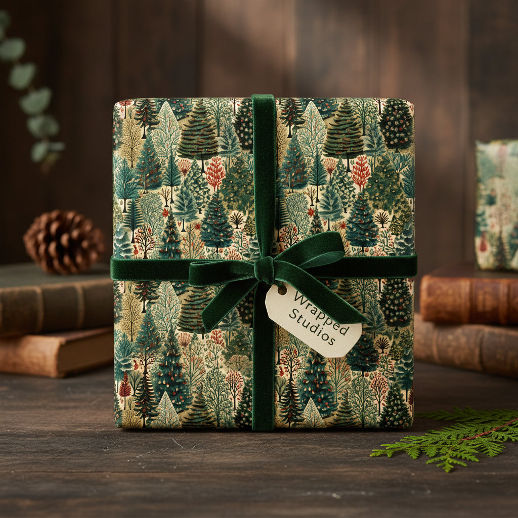 Square gift wrapped in rustic woodland forest-themed Christmas wrapping paper with green velvet ribbon.
