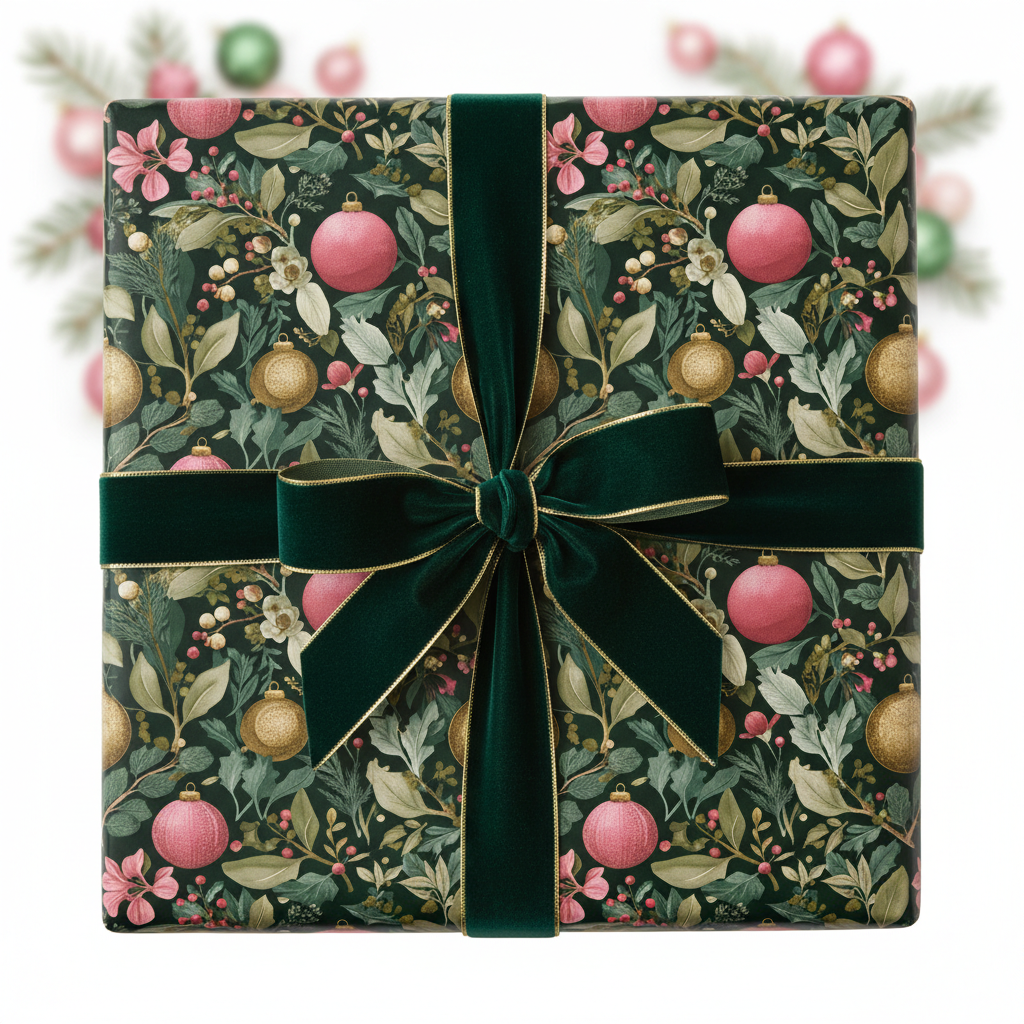 Luxury Christmas wrapping paper with dark green velvet ribbon, featuring pink and gold ornaments on a botanical evergreen pattern.