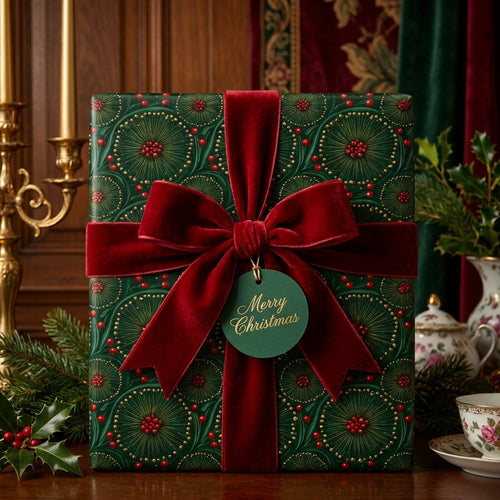 Elegant green and gold Christmas wrapping paper with a red velvet bow by Wrapped Studios.