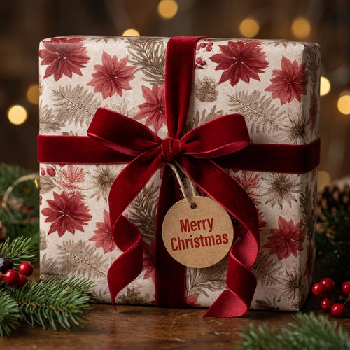 Elegant poinsettia Christmas wrapping paper with a red velvet bow by Wrapped Studios.