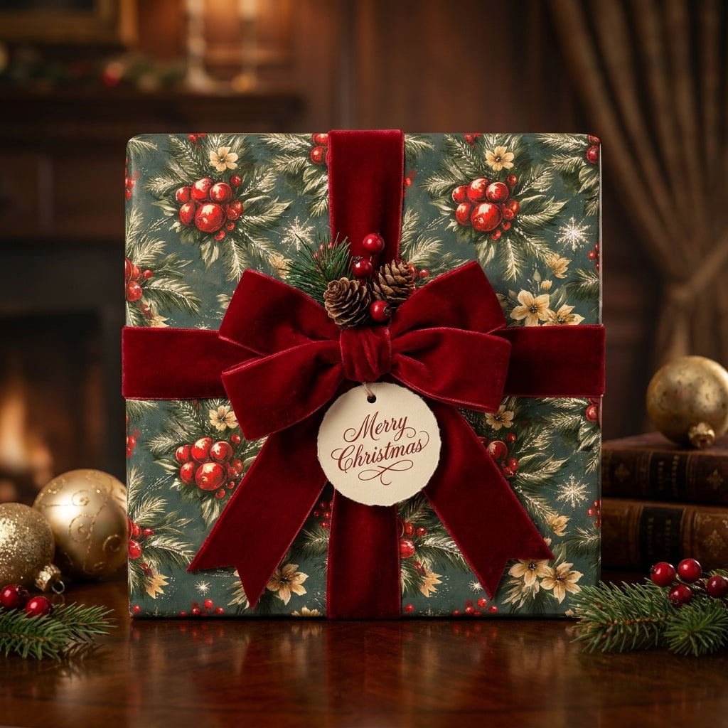 Luxury vintage Christmas wrapping paper with red berries and a velvet bow on a gift box by Wrapped Studios.