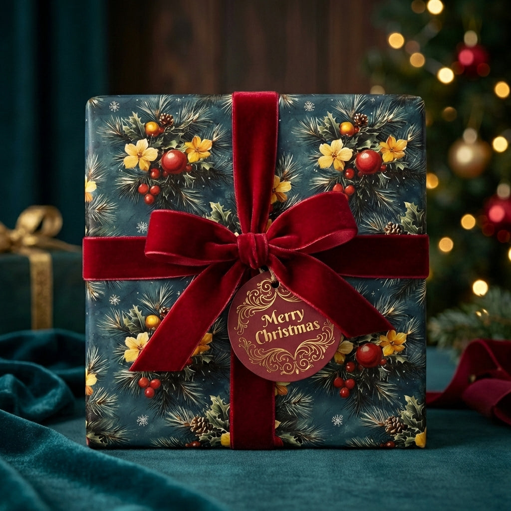 Elegant Christmas gift wrap with floral pine branch pattern and red velvet ribbon by Wrapped Studios.