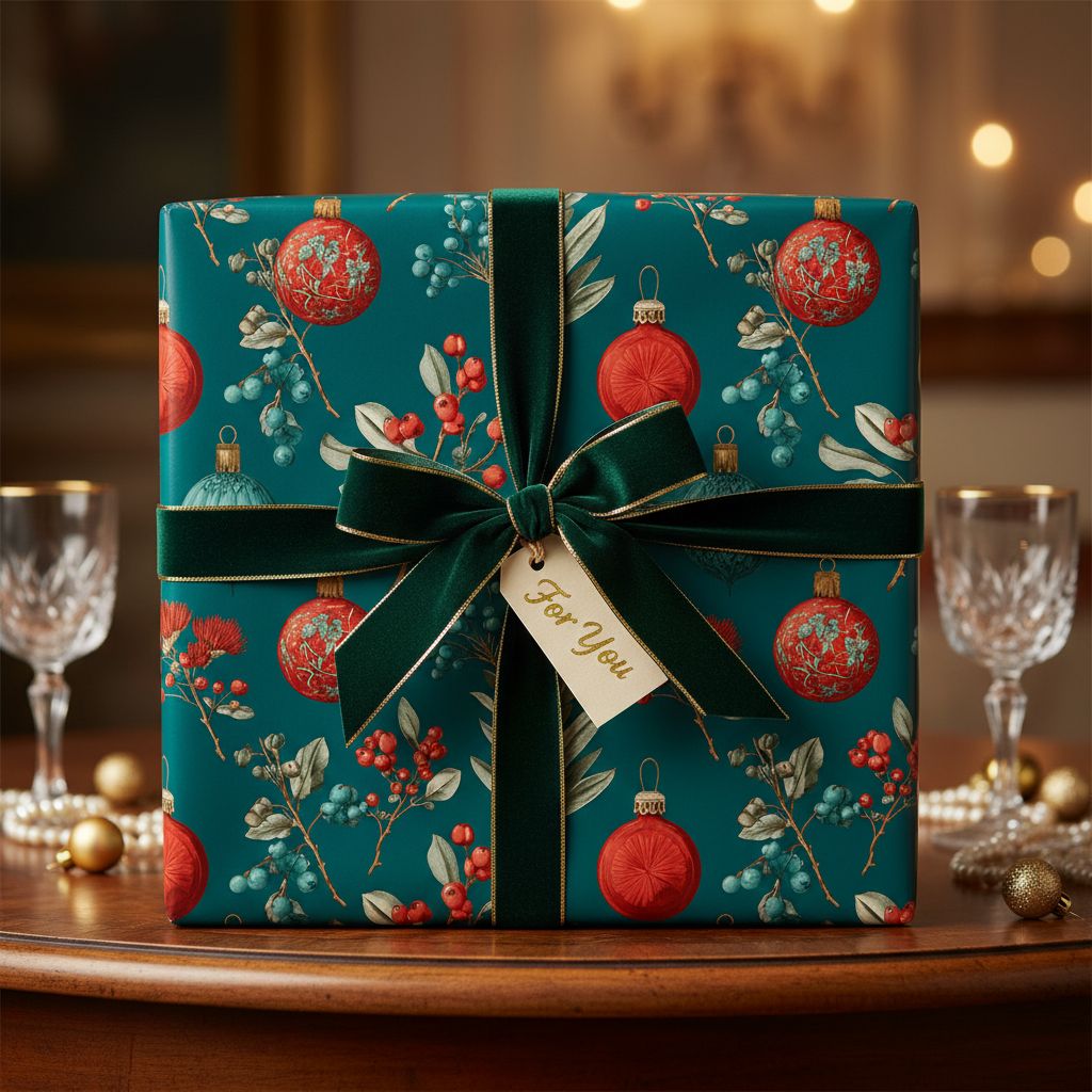 Luxury Christmas gift wrap with a festive teal pattern featuring red ornaments and berries, tied with a dark green velvet ribbon and "For You" tag.