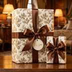 Vintage botanical gift wrap with luxury brown satin bows on wrapped presents by Wrapped Studios.