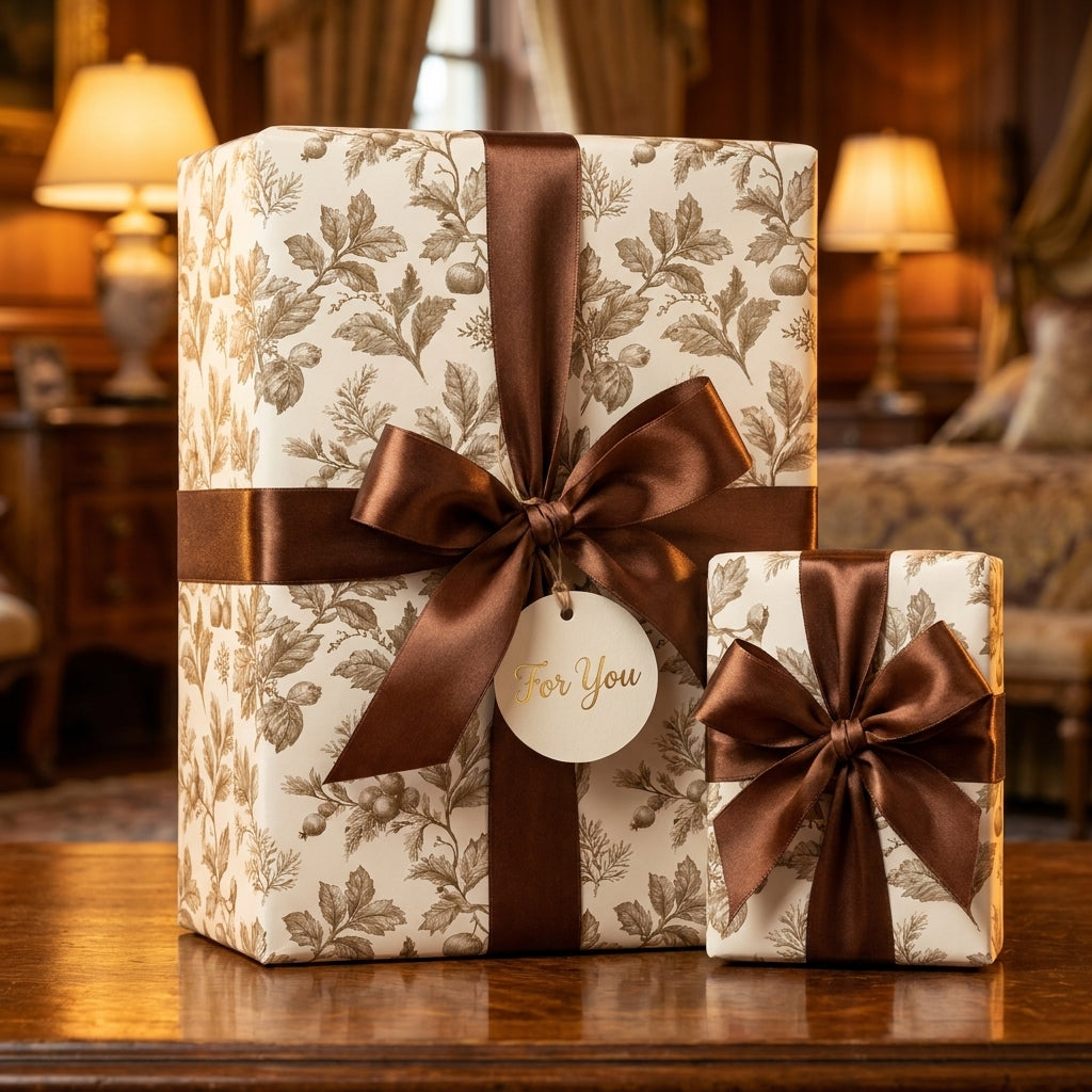 Vintage botanical gift wrap with luxury brown satin bows on wrapped presents by Wrapped Studios.